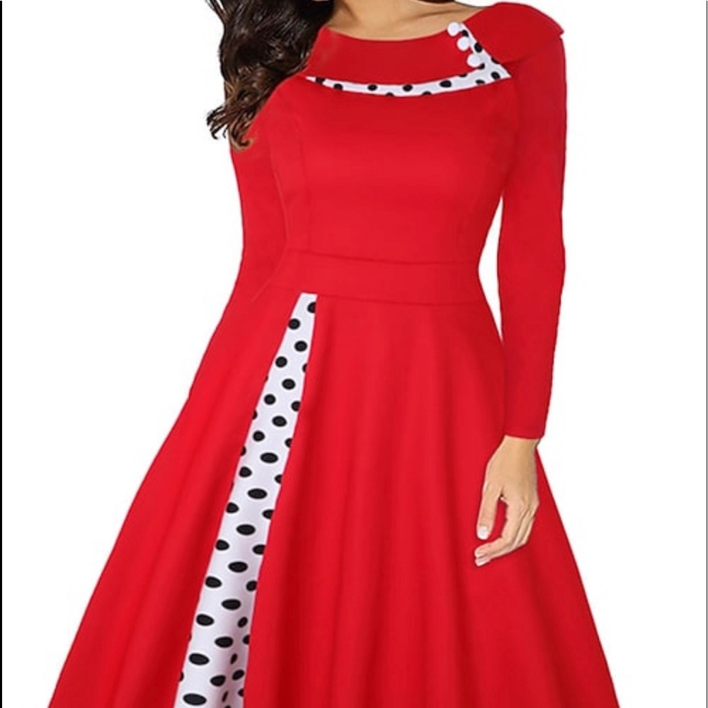 Vintage Patched Dot Print Back Zipper Swing Dress